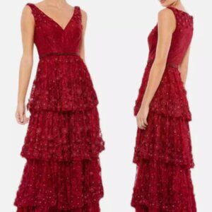 MAC DUGGAL 67710 FLORAL APPLIQUE RUFFLED TIERED SLEEVELESS V-NECK GOWN sz 8